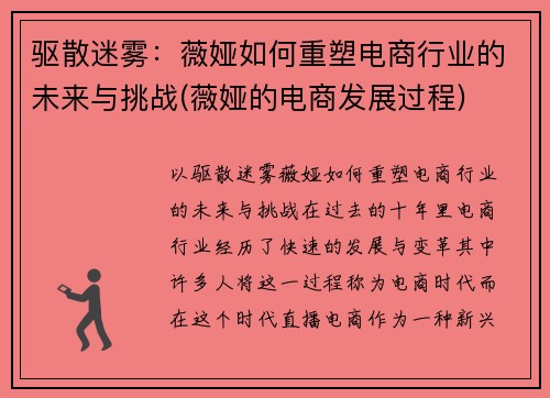 驱散迷雾：薇娅如何重塑电商行业的未来与挑战(薇娅的电商发展过程)